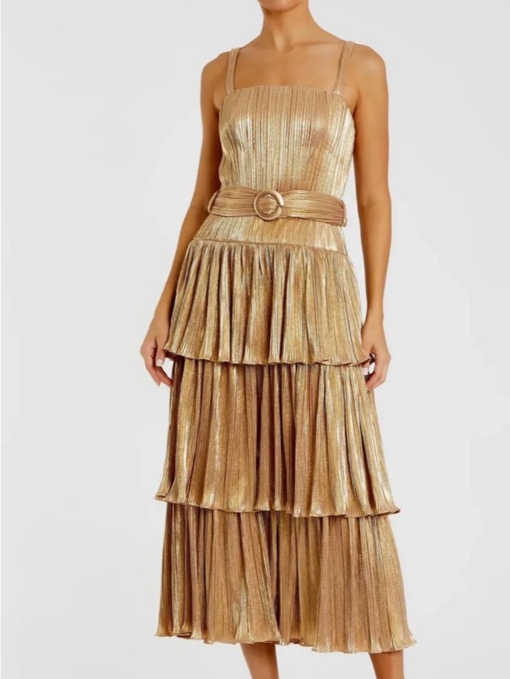 Mac Duggal Metallic Gold Tiered Pleated Belted Midi Dress